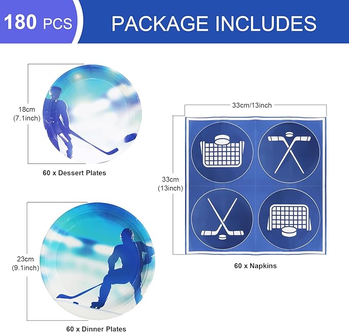 180Pcs Ice Hockey Party Supplies Paper Plates and Napkins Serve 60 Disposable Tableware Set for Birthday Party Decorations Game Day Family Holiday Sports Events