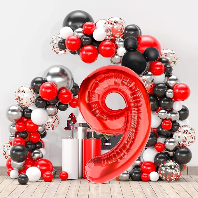 Mouse Number 9 Balloon 40 Inch Red Number 9 Balloon Mini Mouse Head Balloons Large Black Red Numeral Balloons for 9th Themed Birthday Baby Shower Decoration