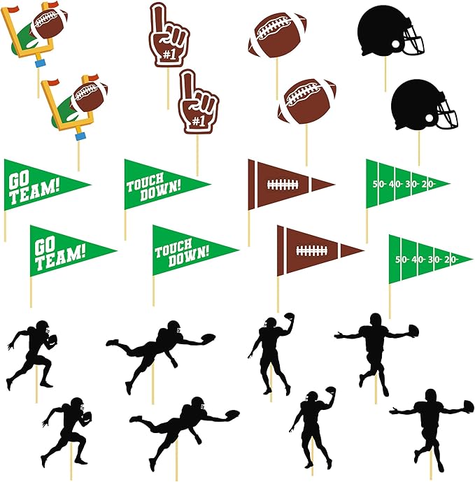 24 Pcs Football Cupcake Toppers, Disposable Foot Ball Themed Toothpicks, Touchdown Players Flagship Cake Toppers, Football Party Decorations 2026 for Sports Theme Baby Shower Party Supplies