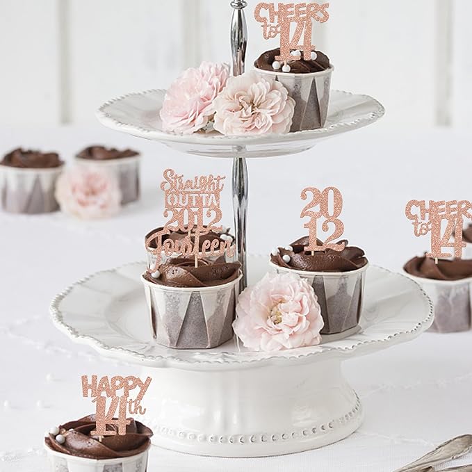 30PCS 14th Birthday Cupcake Toppers Glitter Fourteen Happy 14 Straight Outta 2012 Cupcake Picks for Cheers to 14 Years 14th Birthday Wedding Anniversary Party Decoration Supplies Rose Gold