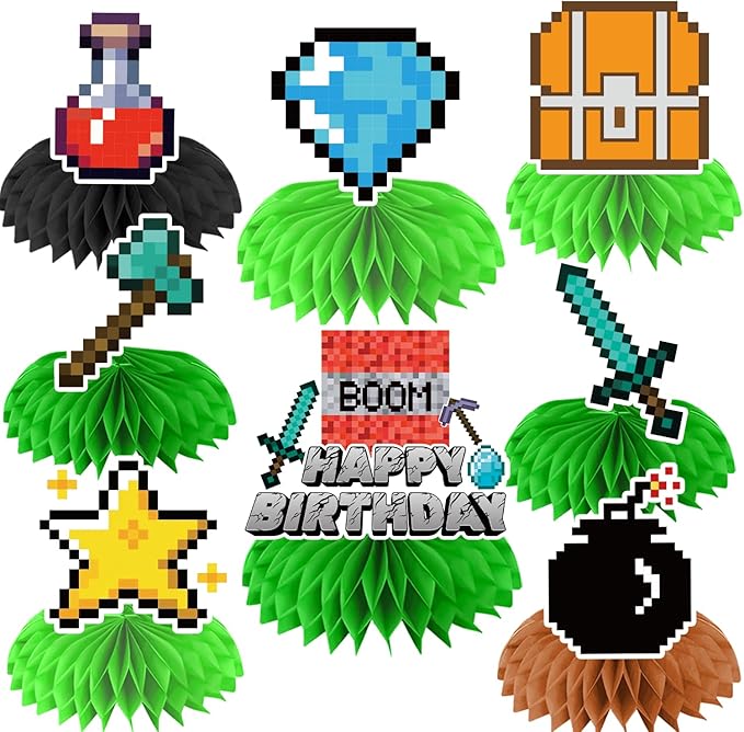 Pixel Birthday Party Decorations, Double Sided Honeycomb Centerpieces for Table Decorations, Cartoon Birthday Party Supplies