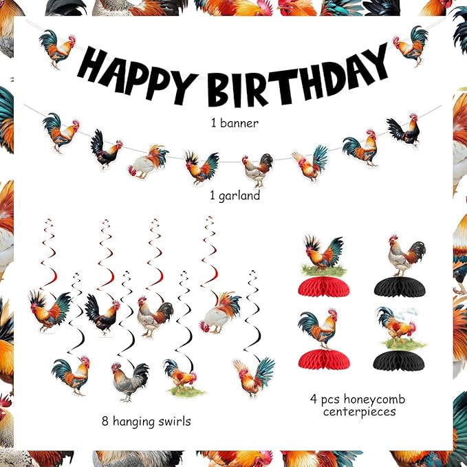JOYMEMO Rooster Birthday Party Decorations for Boys Girls, Rooster Happy Birthday Banner, Chicken Hanging Swirls, Honeycomb Centerpieces, Farm Animal Chick Barnyard Theme Party Supplies