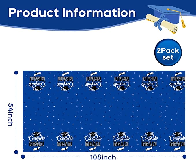Graduation Tablecloth 2 Pack, 54 x 108 Inch Plastic Tablecloths, Congrats Grad Table Cover, Blue Graduation Party Decorations for Class of 2026, Disposable Rectangle Tablecloth