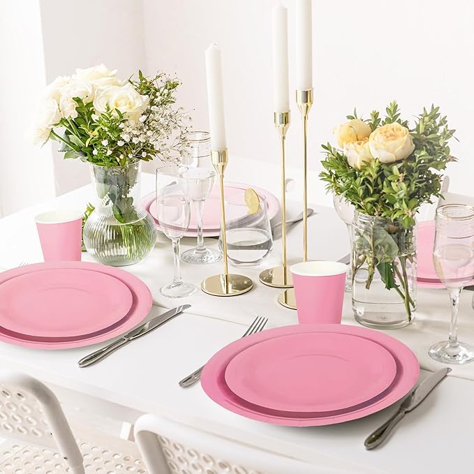Whaline 244Pcs Pink Tableware Set Serves 48 Gradient Pink Disposable Dinnerware 48 9" Plates 48 7" Plate 48 9oz Cups 100 Napkins for Wedding Birthday Party Supplies