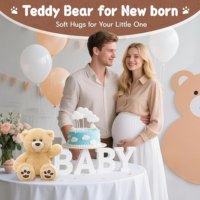 MorisMos Smiling Teddy Bear Stuffed Animals, 13.8 Inch Teddy Bears Baby Shower Decoration Plush, Gifts for Boys Girls Kids, Nursery, Birthday, Party, Brown
