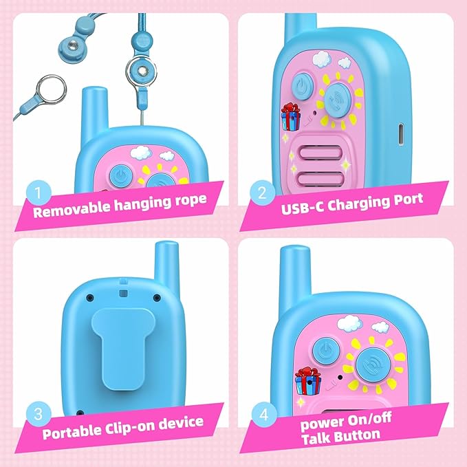 Walkie Talkies for Kids 2 Pack Rechargeable with 3 Miles Long Range, Toddler Walkies Talkies Pink Bule Toys Birthday for 3-8 Years Old Boys Girls for Outdoor Games Camping Hiking