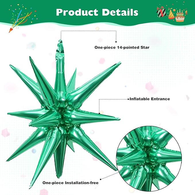 6 Pcs Silver Star Foil Balloons One-Piece 14-Pointed Star Balloon 4D Starburst Cone Mylar Balloon 22inch Christmas Birthday Wedding Wedding Anniversary Party Supplies (Silver + Green)