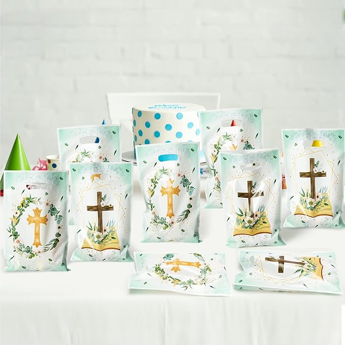 50Pcs Cross Party Favor Bag Baptism First Communion Waterproof Goodie Bag with Die Cut Handles God Bless Church Religious Plastic Gift Bags for Kids Birthday Baby Shower Decoration Supplies