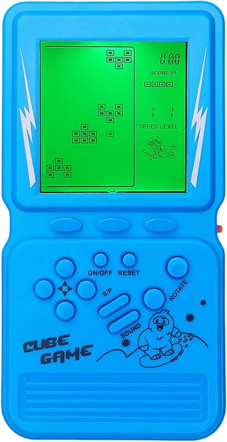 Electronic Cube Game Console Built-in 23 Block Games Thousands of Modes Green Backlight Adjustable Difficulty/Speed Handheld Puzzle Game Retro Toy for Children/Adults (Blue)