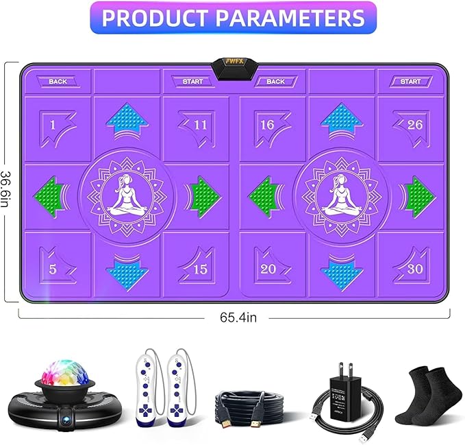 FWFX Exercise Mat for Home Workouts - Interactive Dance Game Mat Connects to TV, 2-Player Kids Party Interactive Games, Active Sports & Yoga Mat for Adults & Family Fitness, Fun (Purple)
