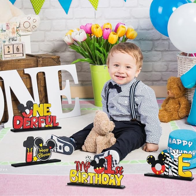 TONIFUL Mouse 1st Birthday Party Supplies 1st Table Centerpieces - Red Mouse Theme Design and Sturdy Wooden for One Year Old Birthday Party Favors 1st Birthday Party Decorations (4 Pcs)