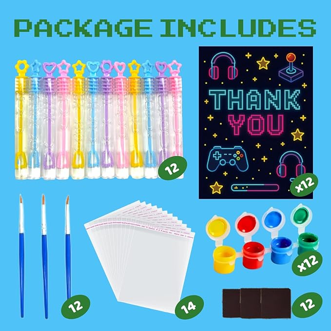 GOGREENWOVEN Video Game Party Favors - 12 PCS Gamer Birthday Party Supplies - Gaming Bubbles & Paint Crafts - Game On Birthday Decorations Goodie Bags Gifts Prizes