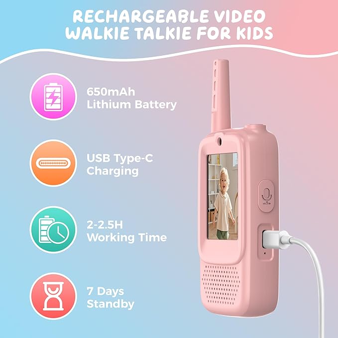 Video Walkie Talkies for Kids, 2 Pack Rechargeable Walkie Talkies with Screen, Long Range 2 Way Radio with 4 Voice Effects, Christmas Birthday Gifts for Age 3-12 Boys Girls Indoor/Outdoor/Camping
