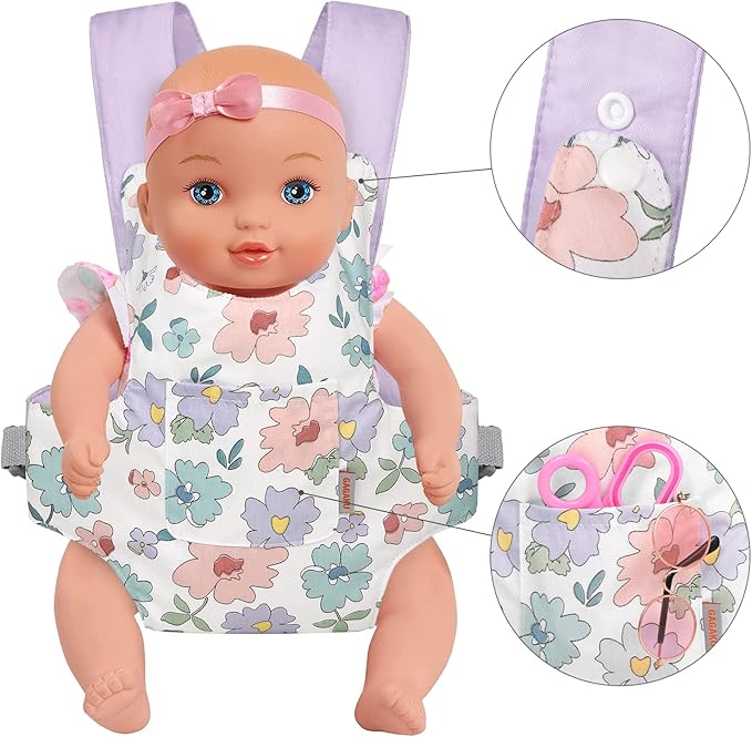 GAGAKU Baby Doll Carrier for Kids, Stuffed Animal Carrier Reborn Baby Carrier with Adjustable Straps, Baby Doll Accessories - Purple (Flowers)