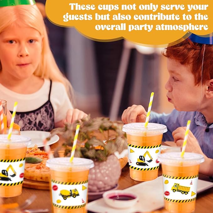 Yungyan 50 Sets Construction Theme Party Plastic Cups with Lids and Straws 16 oz Coffee Juice Drinking Cups for Birthday Baby Shower Party Supplies