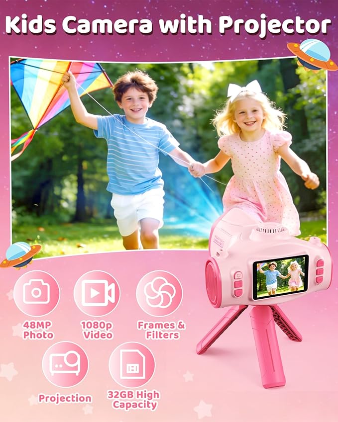 Kids Camera with Projector, 1080P HD Digital Camera for Kids Ages 3-12, 48MP Photo Video Recorder with Stand 32GB SD Card Included, Christmas Birthday Gifts Toy for Girls Boys (Pink)