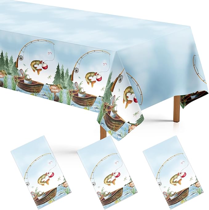 3Pcs Gone Fishing Party Tablecloth Fishing Birthday Plastic Table Cover Waterproof Little Fisherman Baby Shower Disposable Table Cloth for Ofishally One Retirement Party Decorations, 54 x 108 Inch