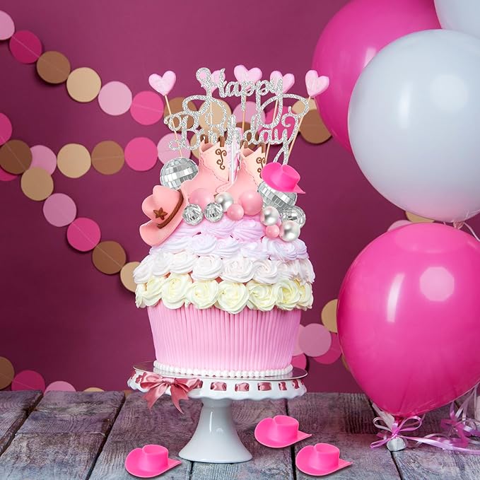 26 Pcs Cowgirl Cake Decorations Cowgirl Cake Topper Disco Decorations Hat Topper Western Cowboy Birthday Baby Shower for Western Theme Party Supplies(Pink,Cute)