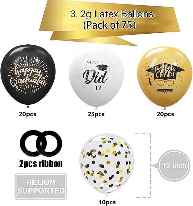 75 Pack Graduation Party Decorations Balloons Set - 12 Inch Black Gold Balloons with Balloon Ribbons for Graduation Party Decoration Supplies