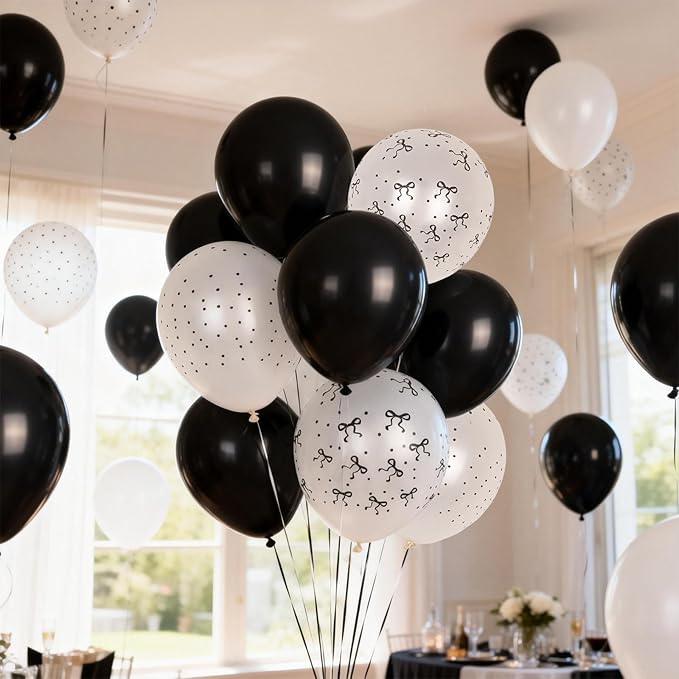 Black and White Bow Balloons, Pearl Black White Bow Print Latex Balloons for Women Girls Coquette Birthday Bachelorette Wedding Bridal Shower Engagement Anniversary Party Decorations