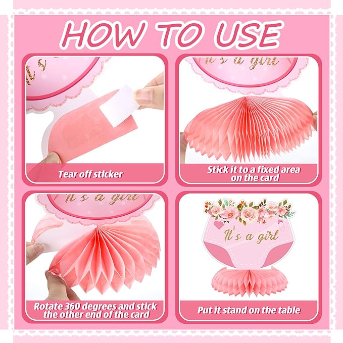 Pickmesh 12 Pcs Pink Baby Shower Decorations Honeycomb Centerpieces for Girls Floral It's a Girl Gender Reveal Table Centerpiece Party Supplies Baby Girl Pregnancy Announcement Table Topper