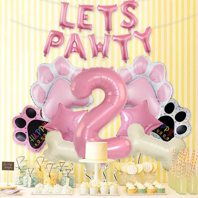 2nd Dog Balloons 18pcs Lets Pawty Balloons Dog Paw Birthday Decor Pink 32 inch Pink Number Balloons 2 Mylar Foil Balloons for Lets Pawty Birthday Decorations Dog 2nd Birthday Party Supplies
