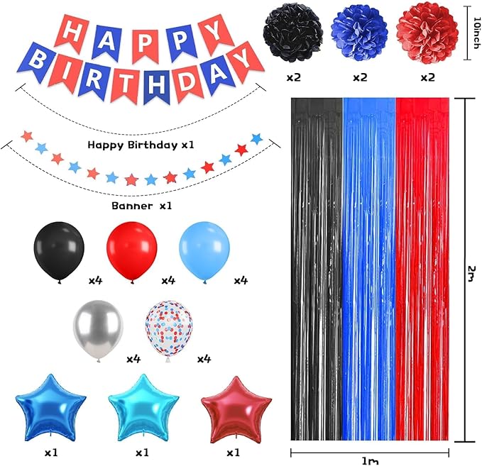 Black Red Blue Birthday Decoration,Red Blue Party Decorations Include Red Blue Black Balloons Happy Birthday Banner Fringe Curtain Tissue Paper Pompoms Garland