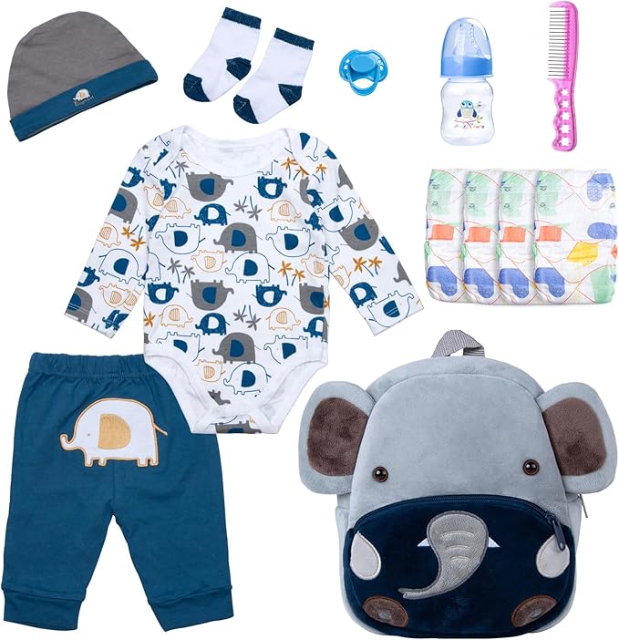 12 Pcs Reborn Baby Doll Clothes Set for 17-22 Inch Babydolls, Elephant Reborn Baby Doll Accessories and Clothes with Plush-Finish Backpack and Elephant Set for Realistic Babydolls Girls, Blue, White