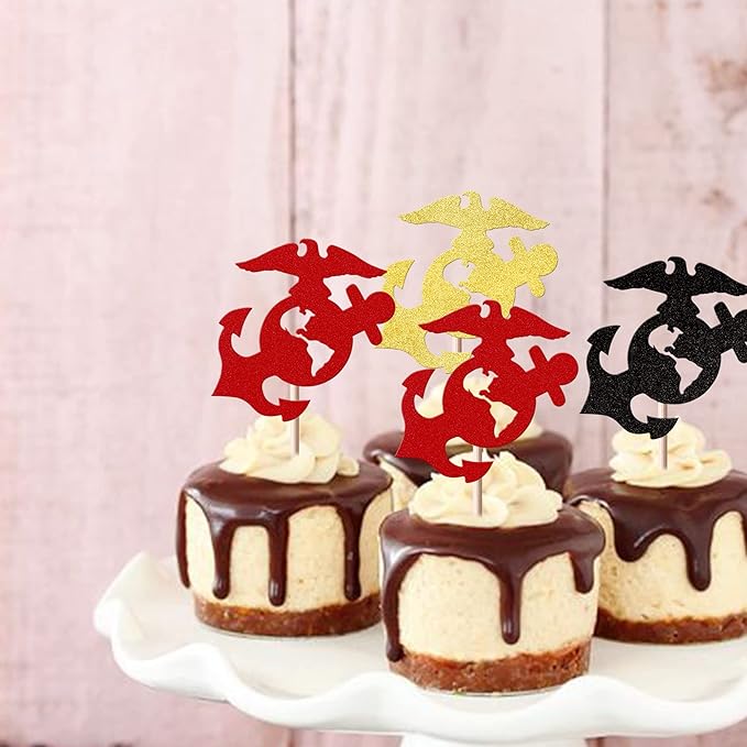 24 Pack Military Themed Cupcake Toppers Navy Bound Cupcake Picks Navy Bound Themed Cupcake Decorations Welcome Ceremony Army Birthday Party Cake Decorations Supplies Red Gold Black