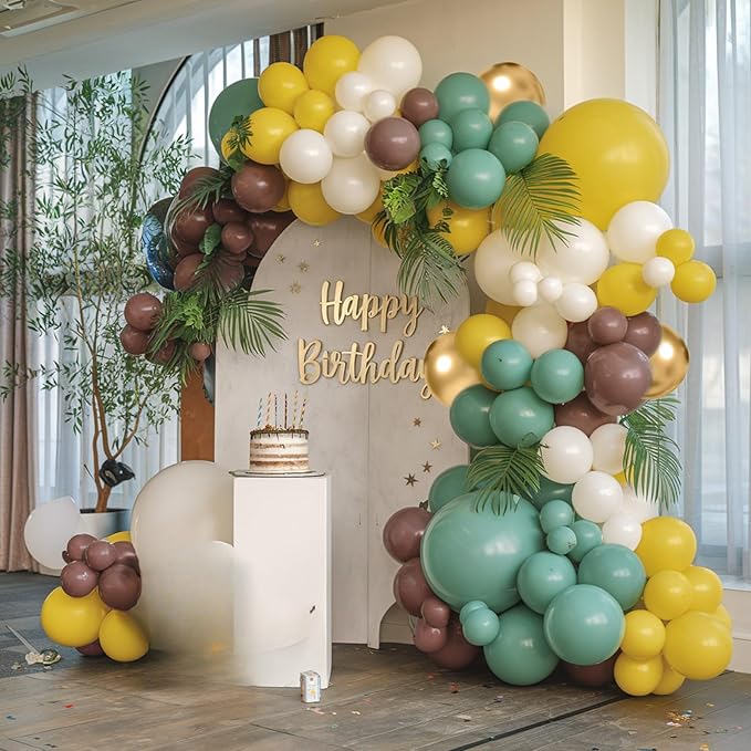 Sage Green Brown Balloons, 50Pcs 12 Inches Mustard Yellow Sand White Cartoon Balloons for Kids Boy Birthday Woodland Forest Party Decorations Baby Shower Cartoon Themed Party Supplies