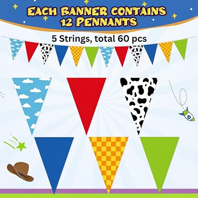 Pasimy 5 Pcs 49.2Ft Cartoon Birthday Party Decorations Blue Sky White Clouds and Cow Print Pennant Banners Flags Red Blue Yellow String Triangle Flag Banner for Baby Shower Birthday Party Decorations