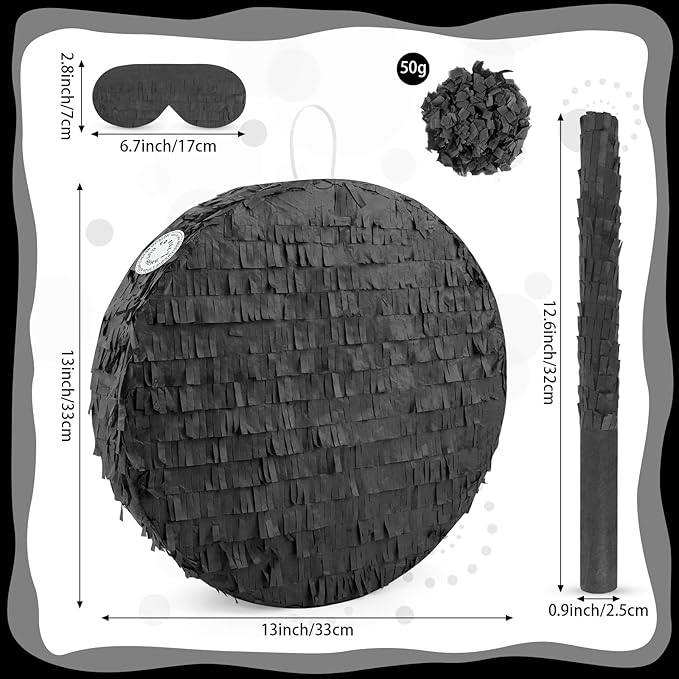 Black Round Pinata with Stick Blindfold and Confetti DIY Blank Pinata for Adults Kids Birthday Party Supplies Christmas Carnivals Decorations