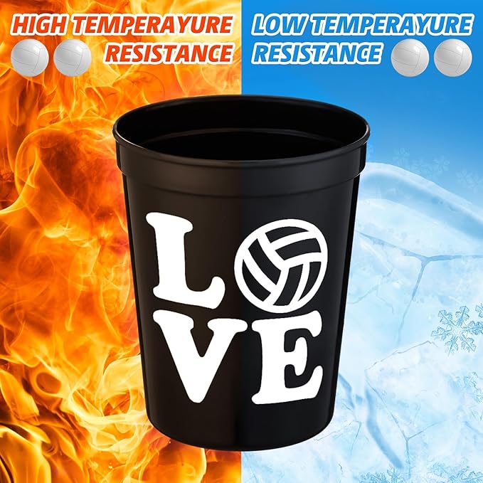 Zhehao 30 Pcs Sport Ball Plastic Cups Hockey Football Basketball Plastic Reusable Drink Cups Bulk 16 oz Stadium Tumbler Stackable Sports Tumbler for Sport Party Supplies(Volleyball,Black)