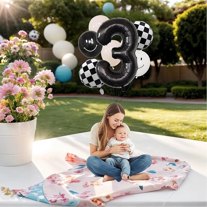 100% LIKED- 40” Black Three|Black & White Smiley Face Latex |Checkered Foil for Birthday Decorations, Smiley Face Party Deco, Baby Shower,3rd Birthday Party Supplies
