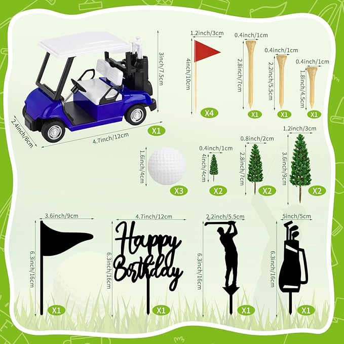 Hooqict 21 Pieces Golf Cake Decorations with Mini Cart, Ball, Green Tree, Clubs, Red Flag Cake Toppers for Men Sports Golf Themed Birthday Party Decorations Supplies