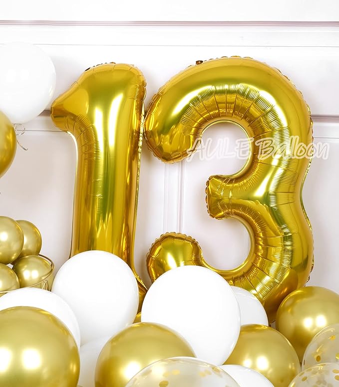 AULE 40 Inch Jumbo Gold Foil Mylar Number Balloons for Boy Girl 13th Birthday Party Decorations 13 Years Old Anniversary Party Supplies