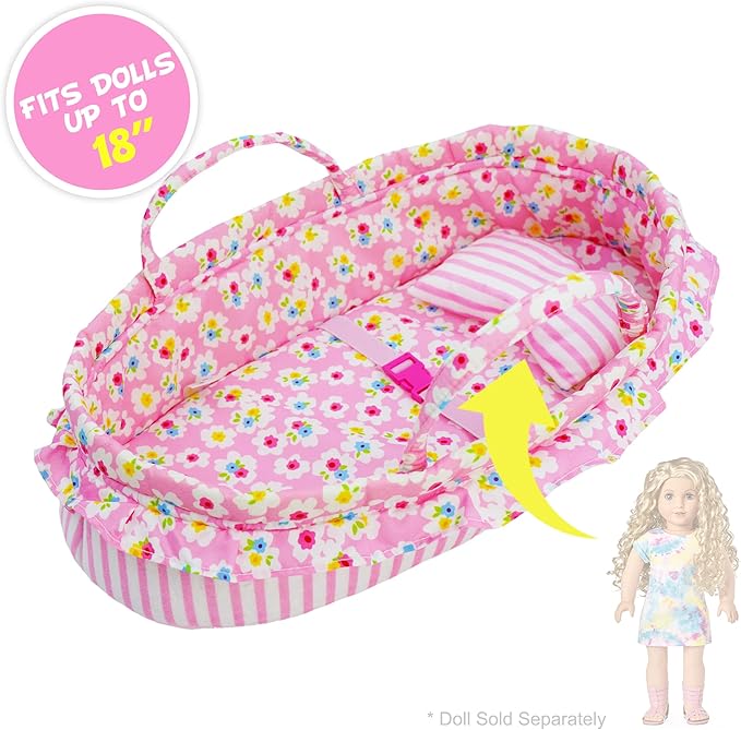 June Garden Cozy Dream Doll Bassinet - Baby Doll Portable Carrier - Fits for American Girl Dolls up to 18" - Soft Pillow & Safety Buckle Included
