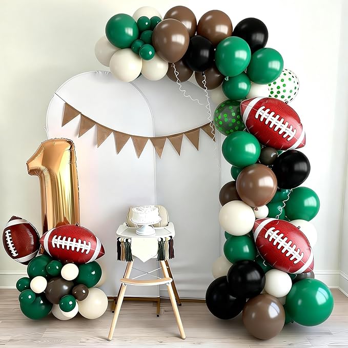 Football Balloons, 12 Inch Retro Dark Green and Brown Ivory White Balloons with Football Foil Balloon, for Sports Football Party Baby Shower Birthday Decorations