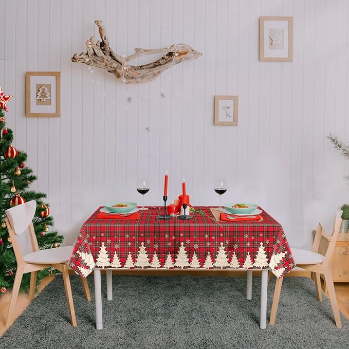 4 Pack Christmas Table Cloth Christmas Checkered Tablecloth Buffalo Plaid Table Cloth Christmas Party Table Cover Xmas Party Decoration with Christmas Tree and Snowflake 51 X 86 in