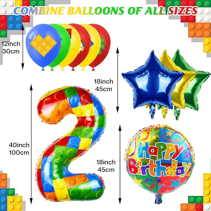 40 Inch Building Block Number Balloon, Colorful Number Block Foil Number 2 Balloons Large Big Numbers Helium Balloon for Girls Boys 2th Birthday Brick Theme Party Decorations (Number 2)