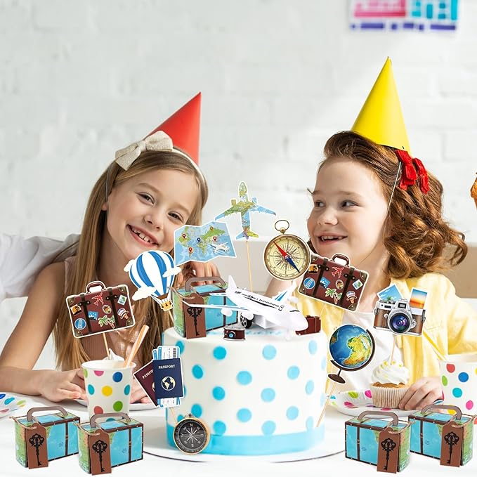 Hooqict 34 Pcs Travel Cake Topper with Mini Suitcase, Globe, Map, Airplane Cake Decorations for Travel Themed Party Decorations Let The Adventure Begin Around the World Party Supplies