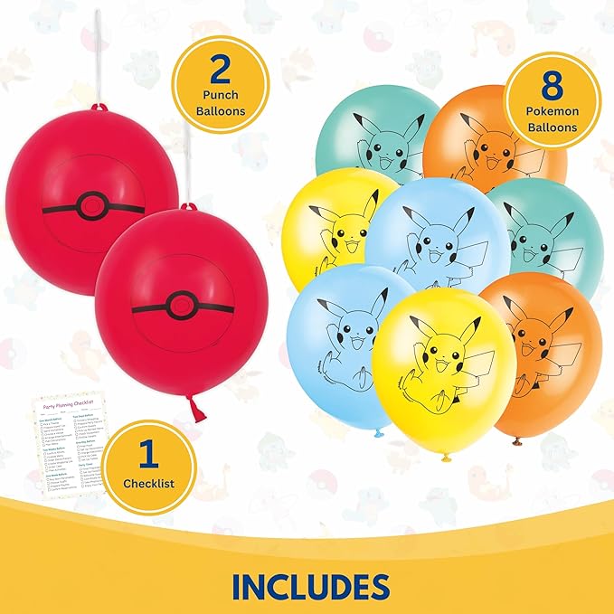 Pokemon Balloons | 8 Latex and 2 Punch Balloons | Pokemon Birthday Decorations | Party Supplies | Officially Licensed