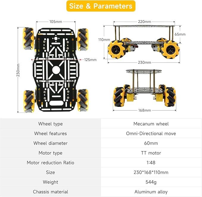 Mecanum Robot Chassis Car Kit with 360° Omnidirectional Wheel, Aluminum Alloy Frame, 60mm Omnidirectional Wheels, TT Motor, Robotic Moving Platform for DIY Education Robot