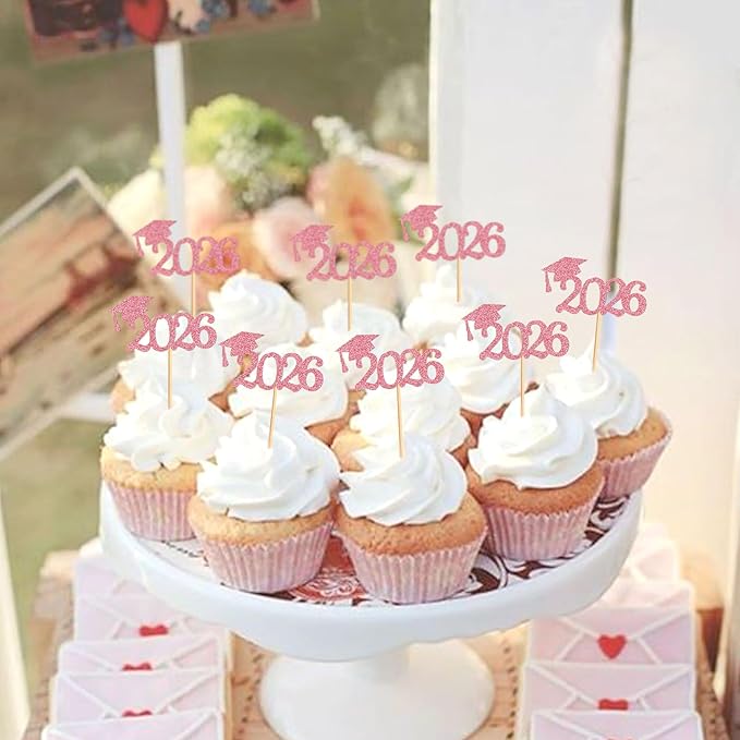 24 Pcs graduation cupcake toppers 2026, Food/Appetizer Picks For Graduation Party Mini Cake Decorations, 2026 Cupcake Toppers (Rose Red)