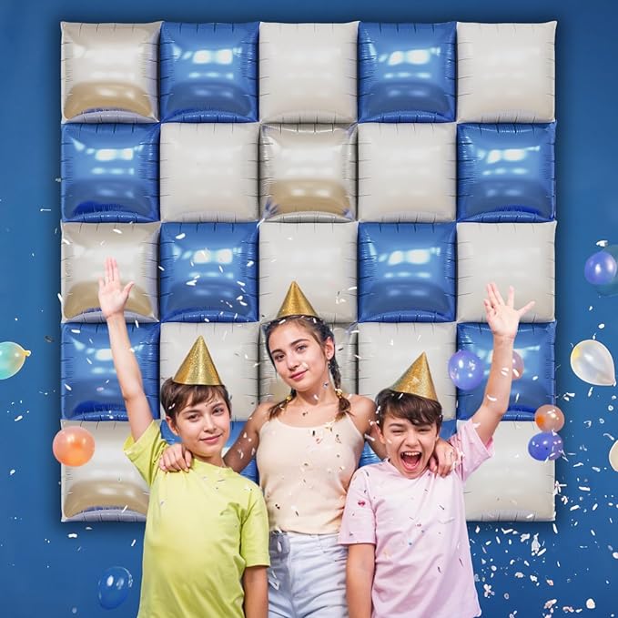 Blue Silver White Square Foil Balloon Wall,25Pcs Double Sided Foil Balloons Backdrop Helium Polyester Tunnel Arch Garland Kit for Birthday Bridal Anniversary Baby Shower Party Decorations