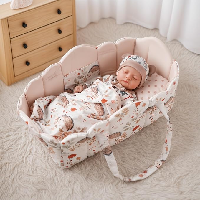 BABESIDE 3 Pcs Baby Doll Bassinet with Doll Bedding Set for 17-22 Inch Babydolls, Cute Animal Print Baby Dolls Crib with Blanket for Reborn Baby Doll Accessories, Off-White