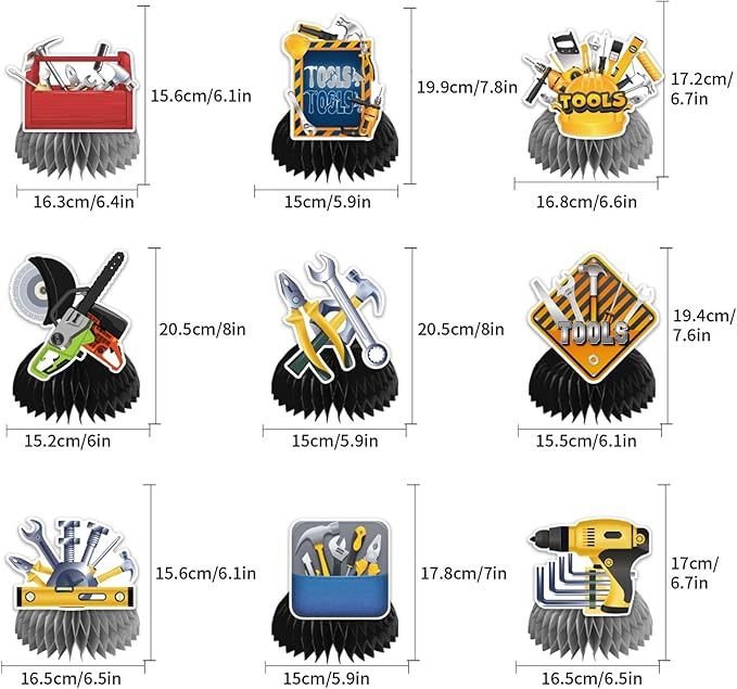 9 PCS Tools Honeycomb Centerpieces Tools Table Decorations Table Topper for Tools Party Decorations Birthday Party Supplies