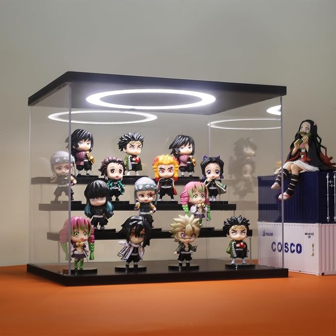Acrylic Display Case with Adjustable LED Light, 4 Tier Clear Display Box Dustproof Showcase for Action Figures, Collectibles and Mini Toys, Assembly Display Cabinet(Black 12.5×9.5×10.4in)