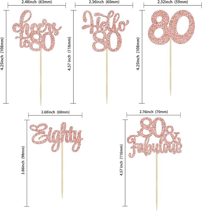 30Pcs Happy 80th Birthday Cupcake Toppers Eighty Cheers to 80 Years Old Birthday Cupcake Picks for Happy 80th Birthday Anniversary Party Cake Decorations Rose Gold Glitter