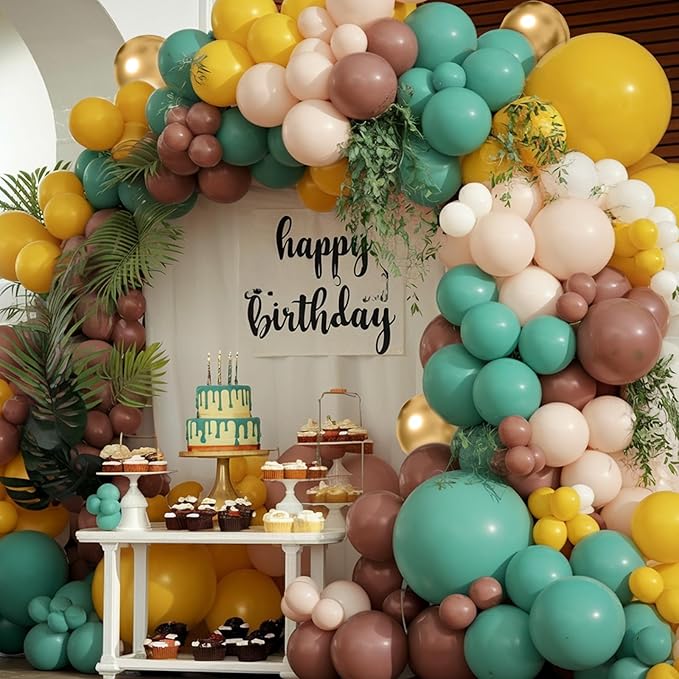 Sage Green Brown Balloons, 50Pcs 12 Inches Mustard Yellow Sand White Cartoon Balloons for Kids Boy Birthday Woodland Forest Party Decorations Baby Shower Cartoon Themed Party Supplies